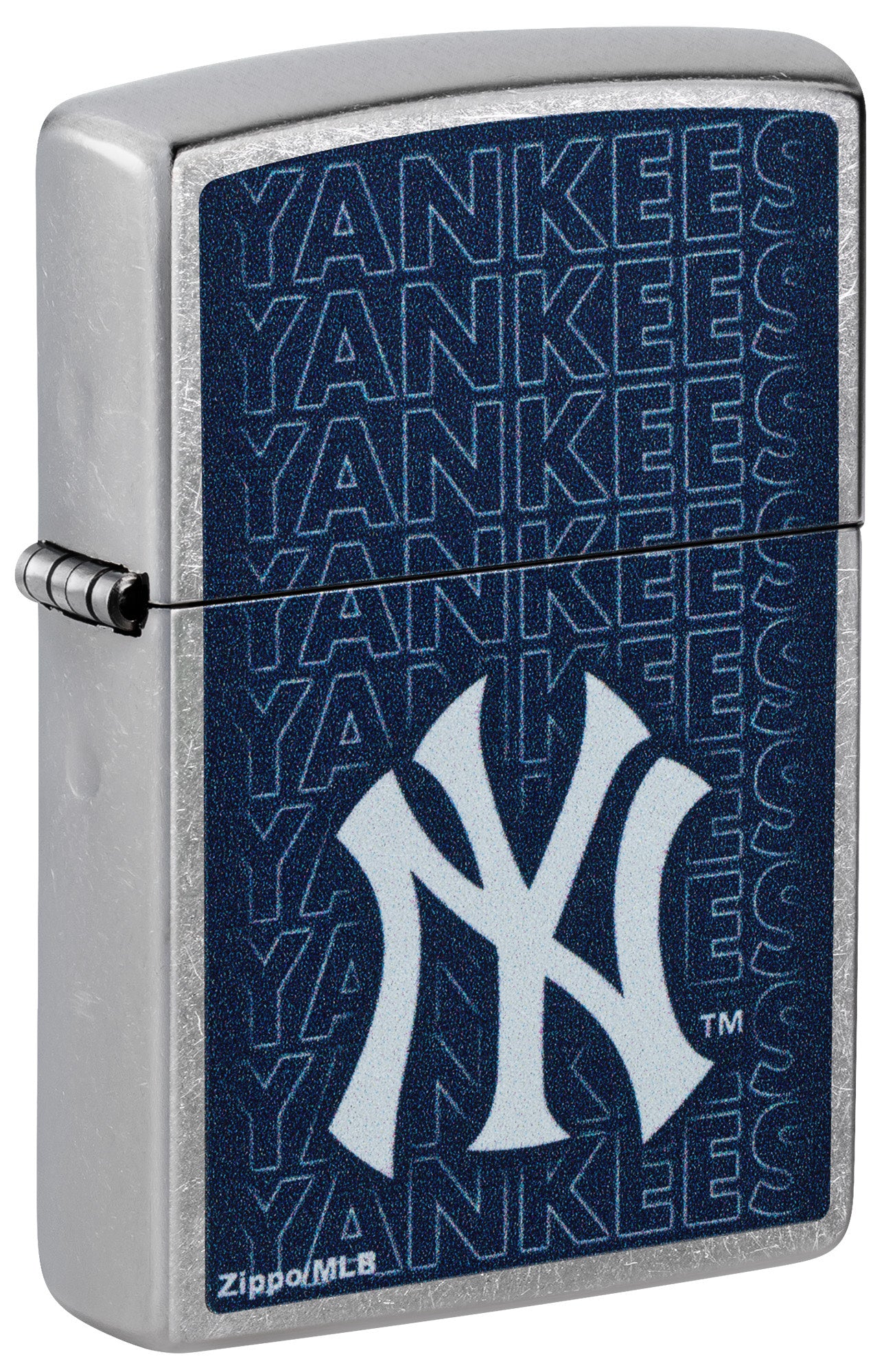 Front shot of Zippo MLB® New York Yankees Street Chrome Windproof Lighter standing at a 3/4 angle.