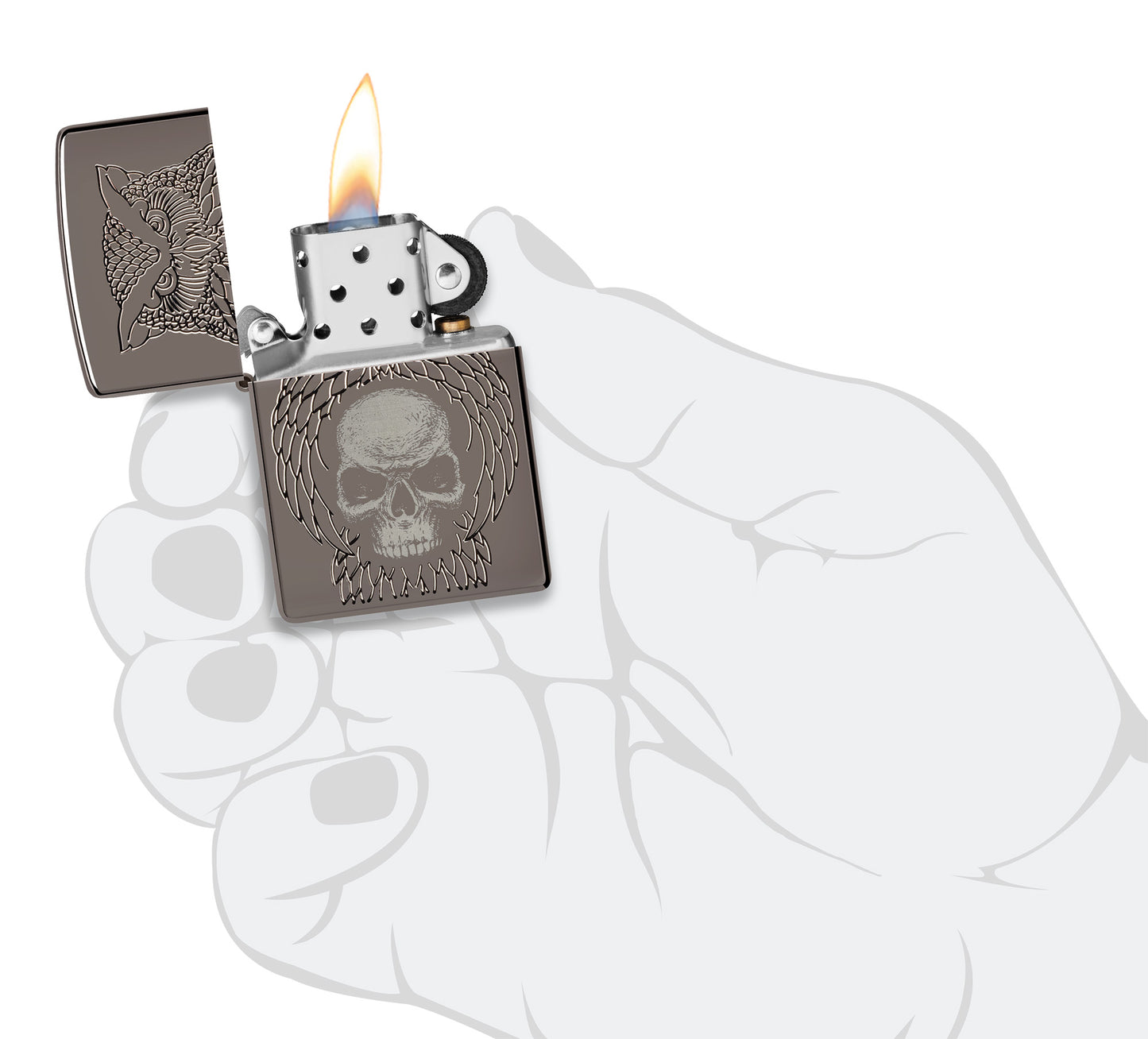 Zippo Night Owl Design Armor Black Ice Windproof Lighter lit in hand.



