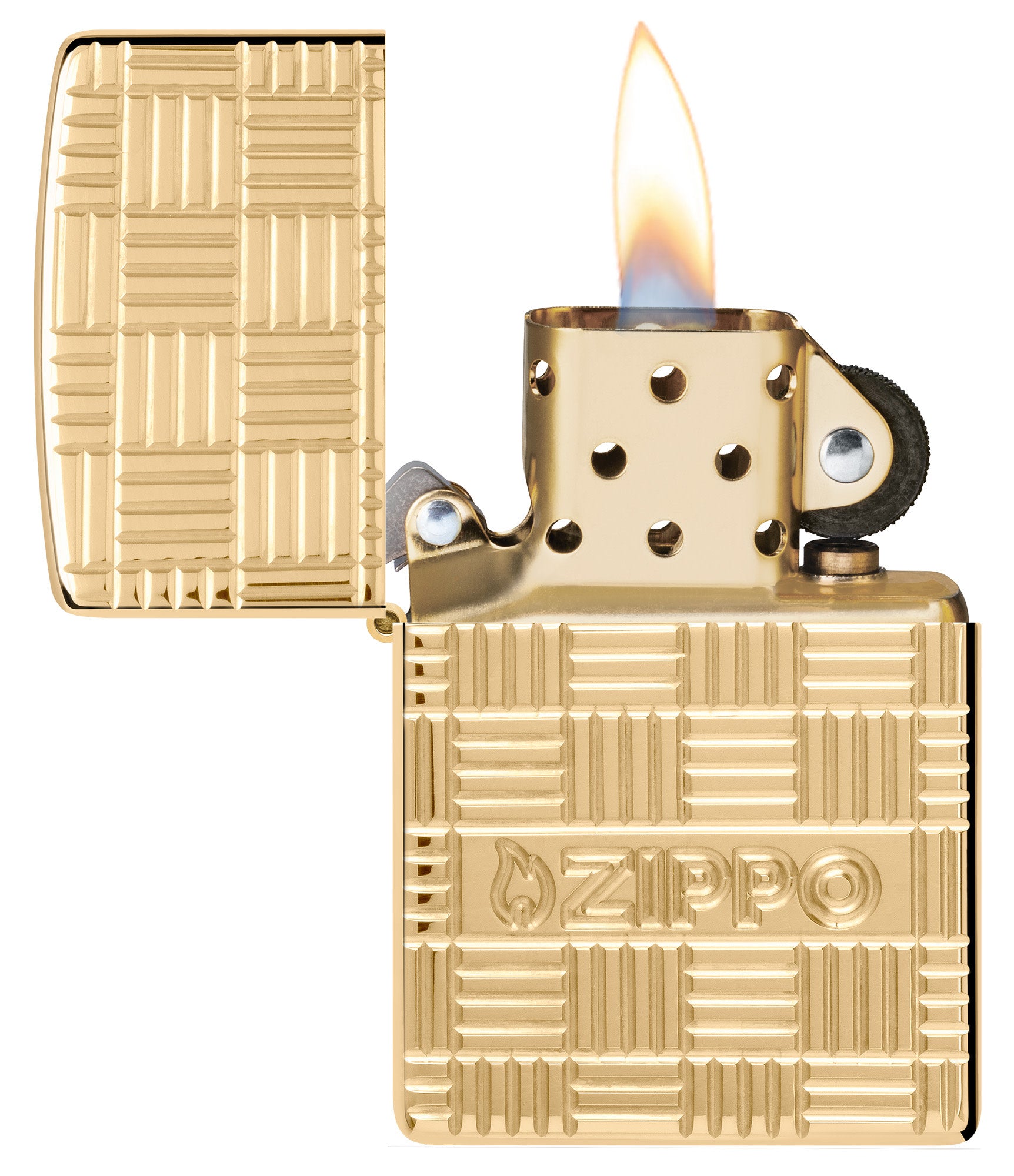 Zippo Deep Carve Design Armor High Polish Brass Windproof Lighter with its lid open and lit.