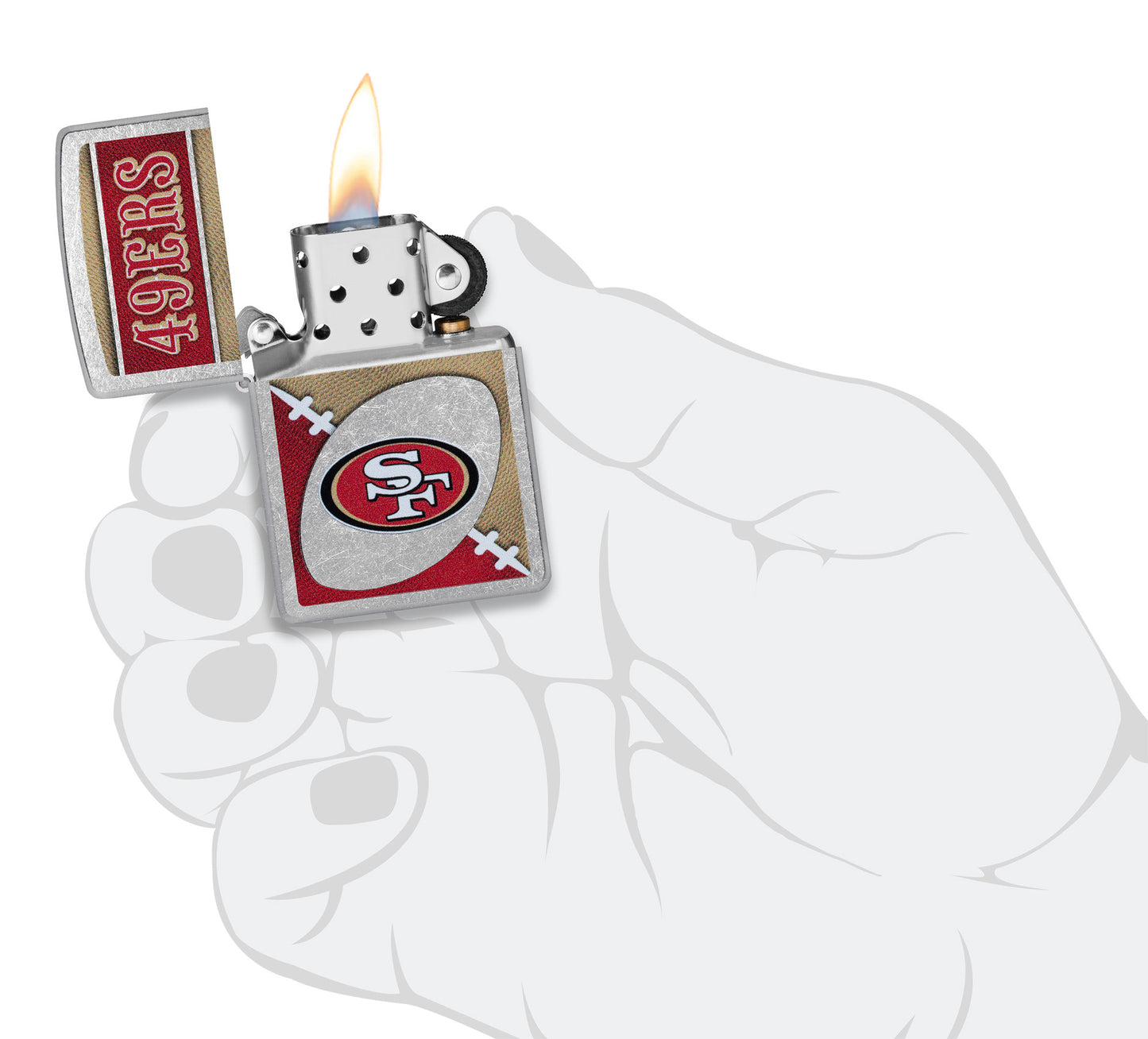 Zippo NFL San Francisco 49ers Street Chrome Windproof Lighter lit in hand.