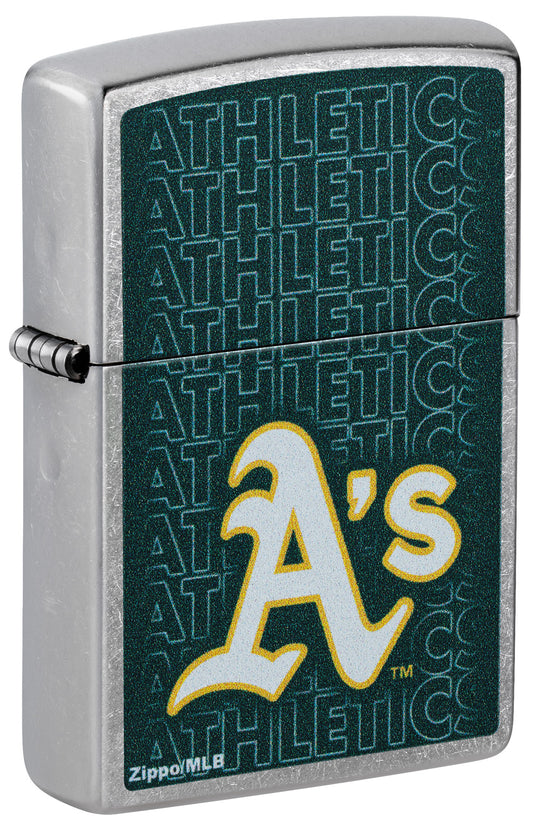 Front shot of Zippo MLB® Oakland Athletics Street Chrome Windproof Lighter standing at a 3/4 angle.