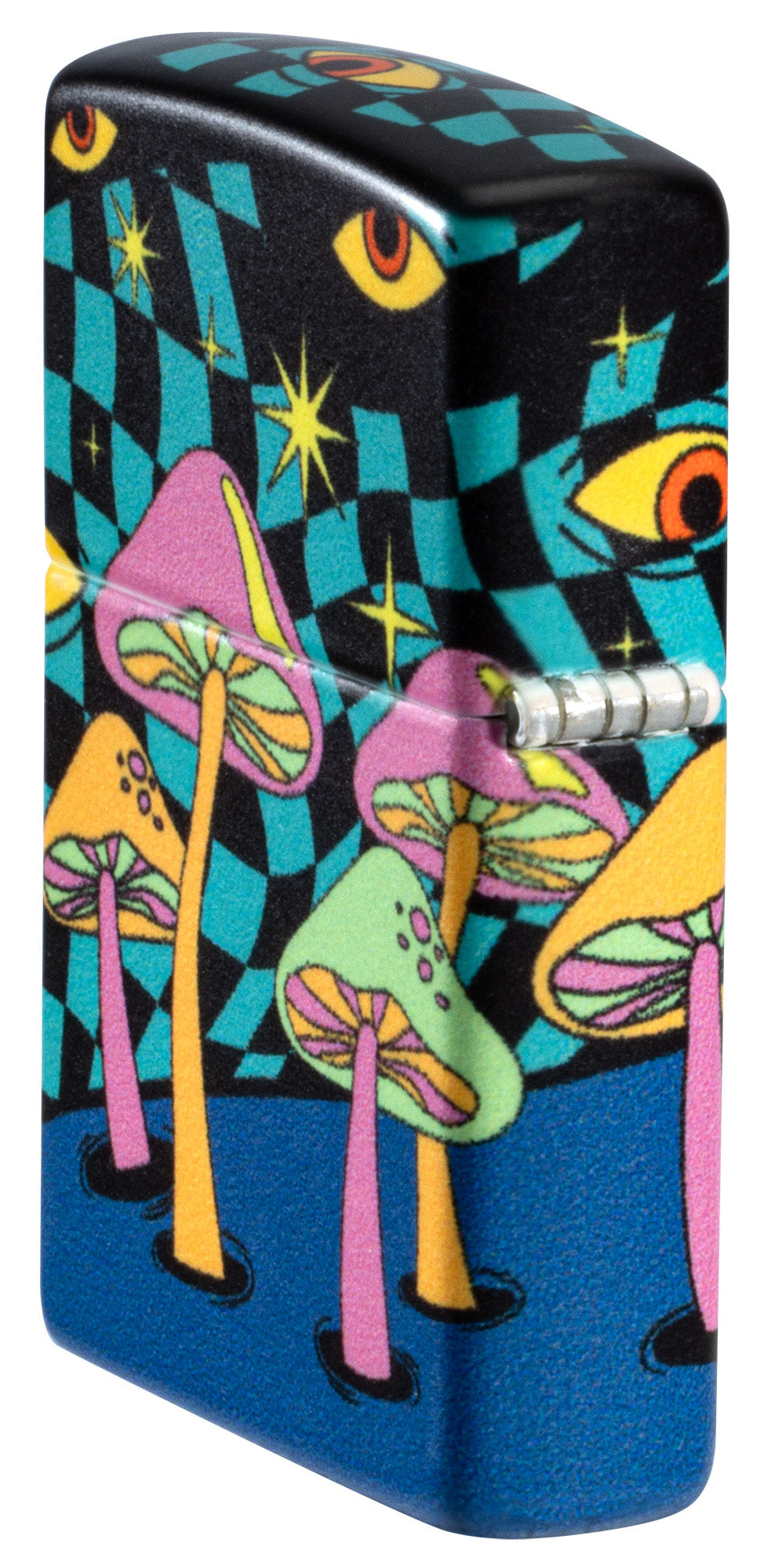 Angled shot of Zippo Mushroom Party Design Glow in the Dark Windproof Lighter showing the back and hinge sides of the lighter.