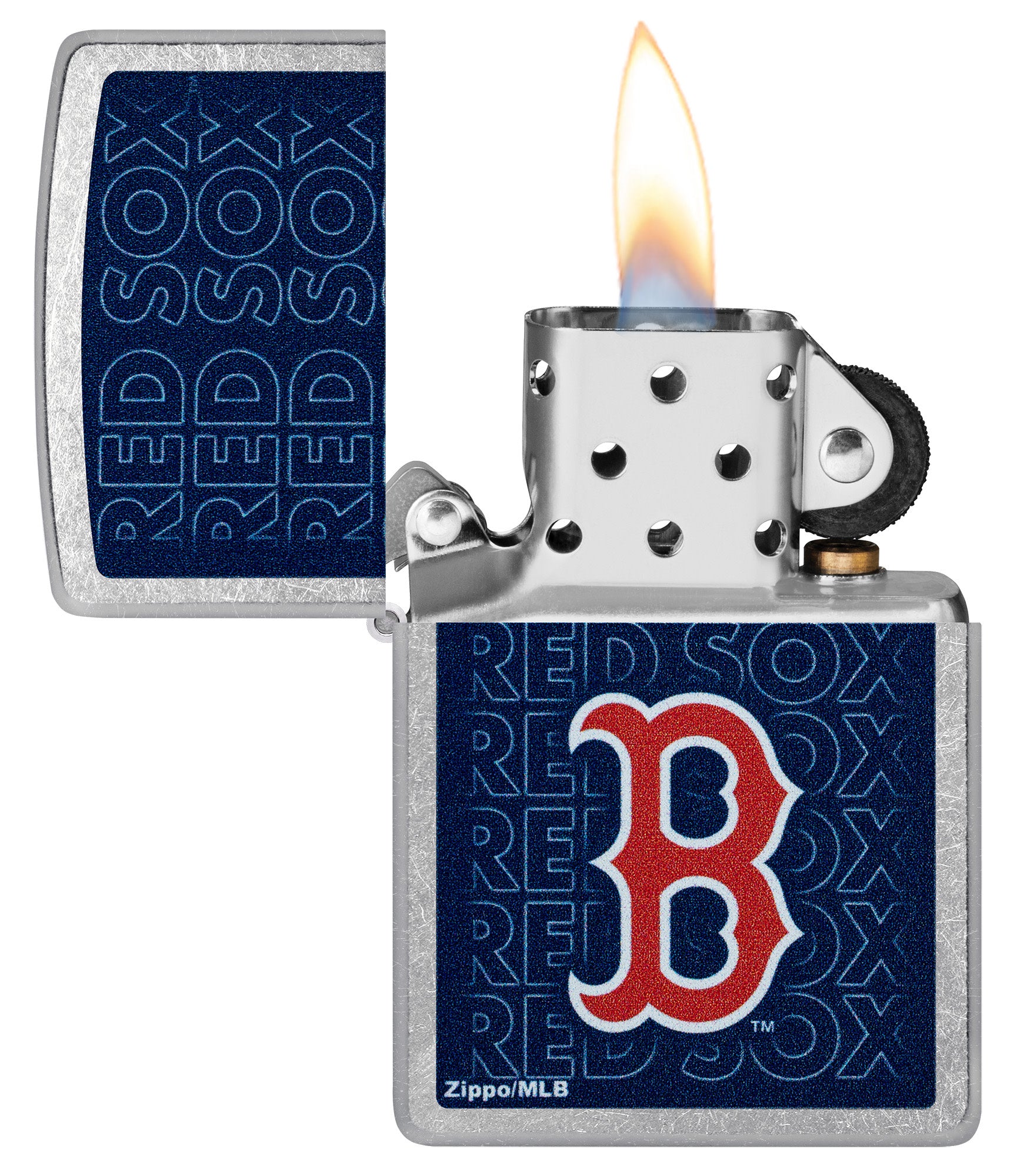 Zippo MLB® Boston Red Sox Street Chrome Windproof Lighter with its lid open and lit.