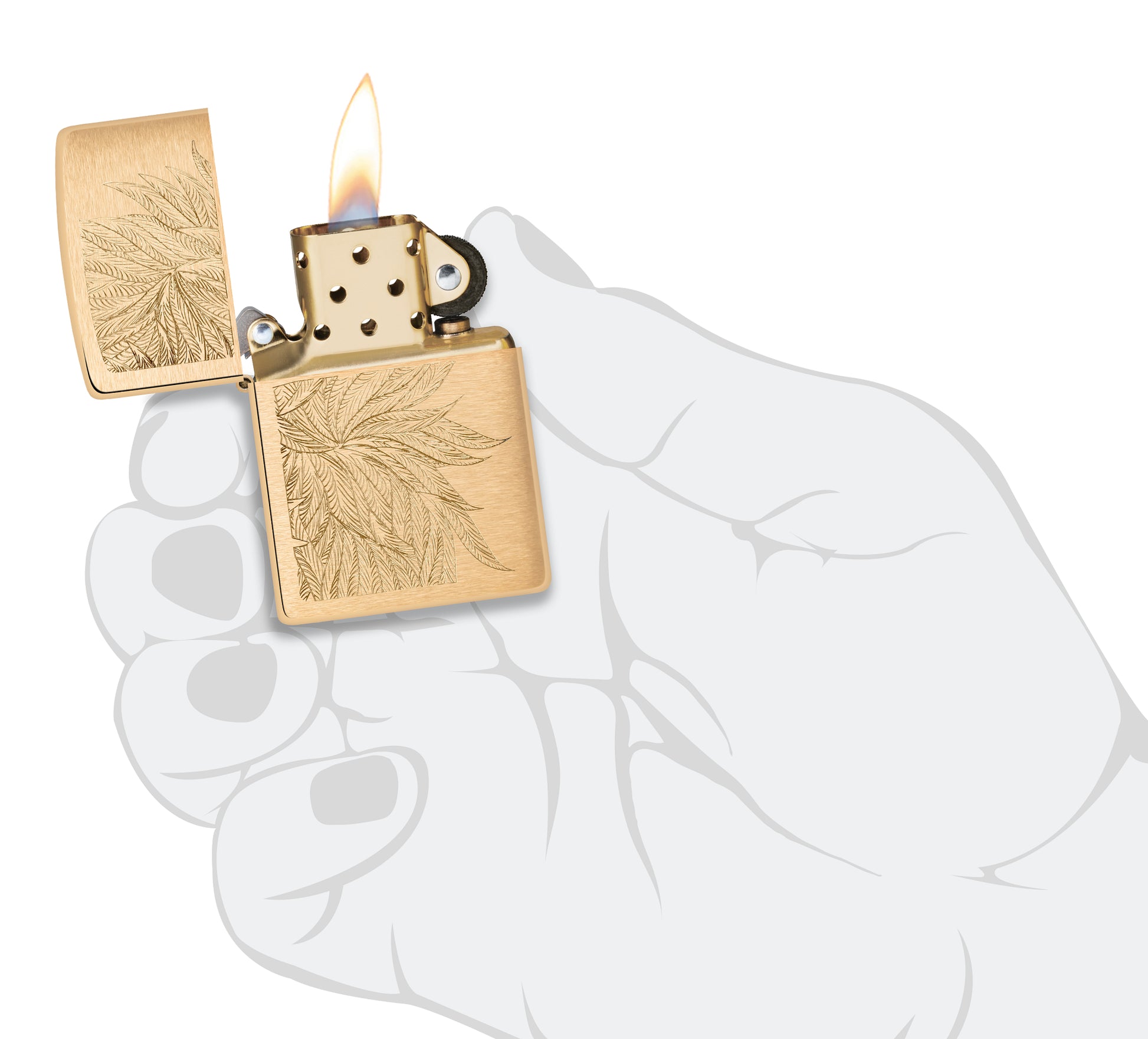 Zippo Lush Leaves Design Brushed Brass Windproof Lighter lit in hand.
