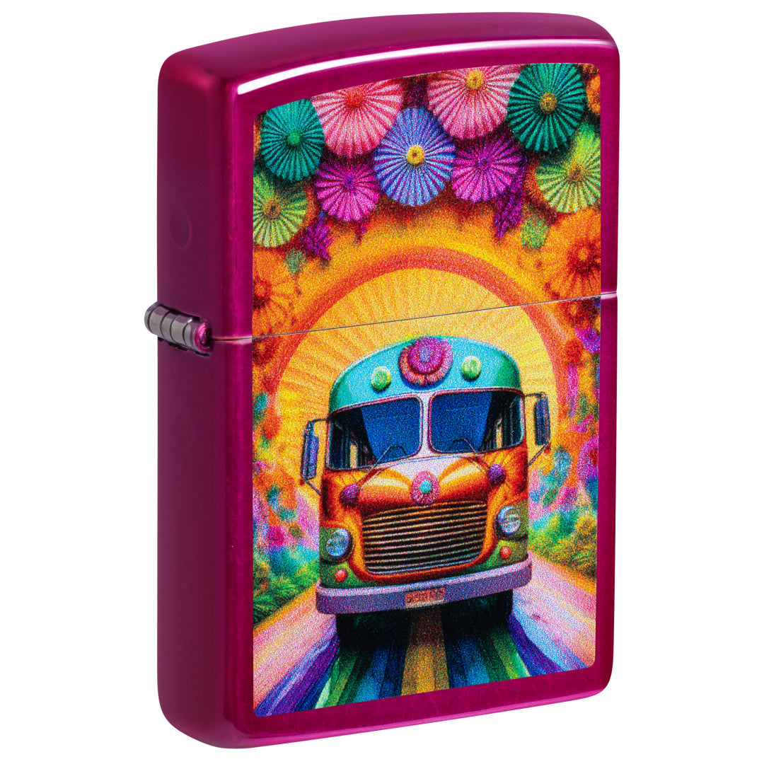 Front shot of Zippo Party Bus Design Candy Raspberry Windproof Lighter standing at a 3/4 angle.