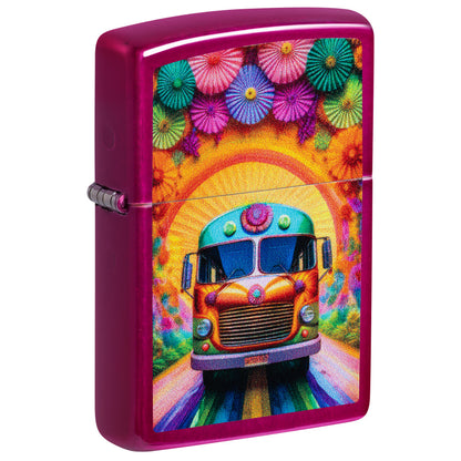 Front shot of Zippo Party Bus Design Candy Raspberry Windproof Lighter standing at a 3/4 angle.