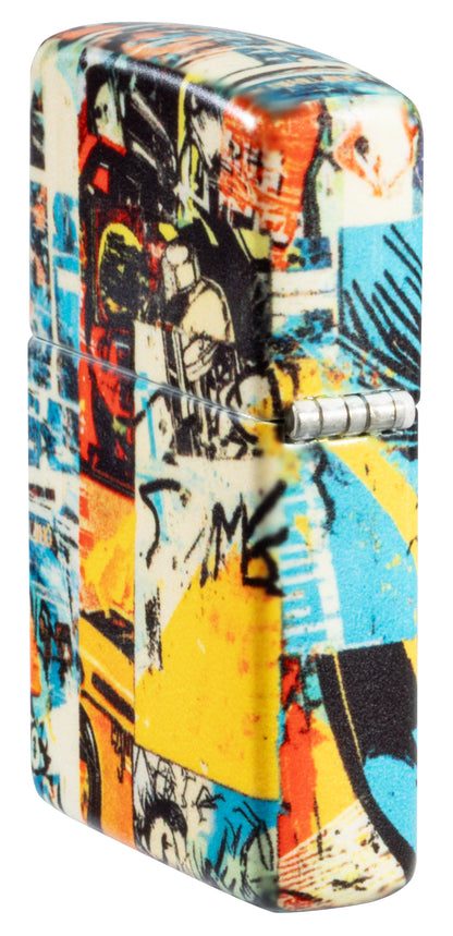 Angled shot of  Zippo Eye See You Design 540 Matte Windproof Lighter showing the back and hinge side of the lighter.