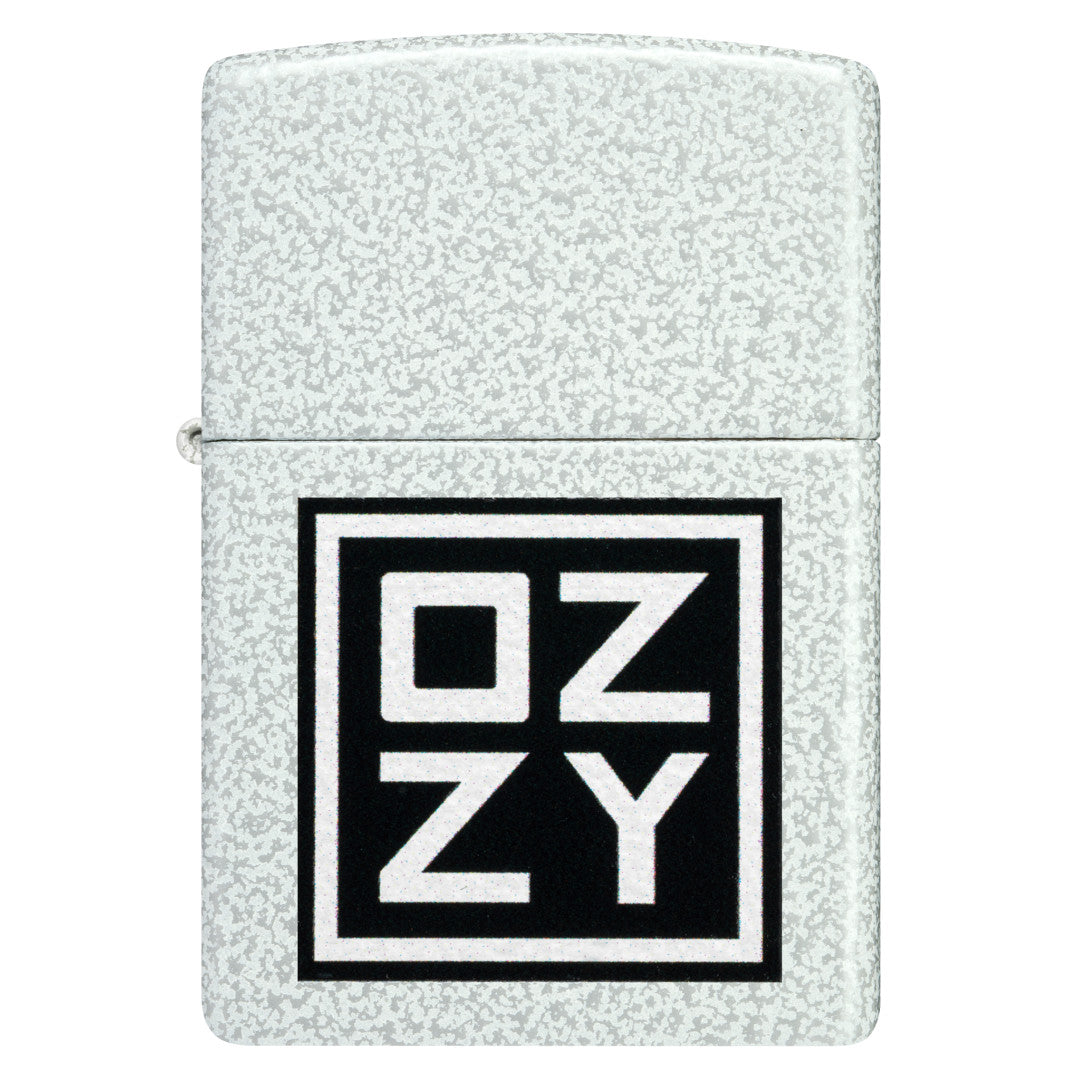 Front view of Zippo Ozzy Osbourne Block Design Glacier Windproof Lighter.