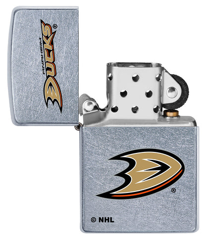 NHL Anaheim Ducks Street Chrome™ Windproof Lighter with its lid open and unlit