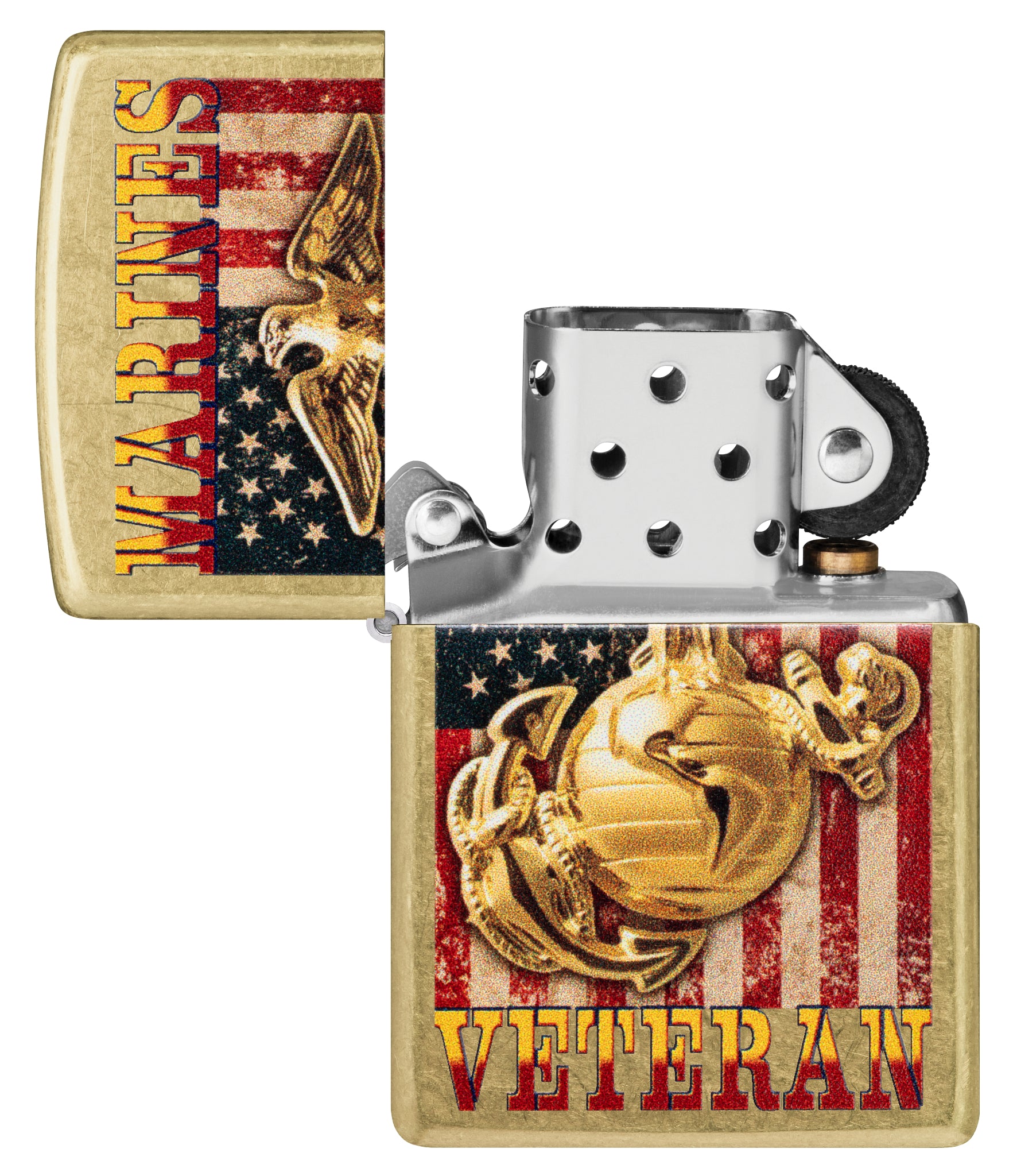 Zippo U.S. Marine Corps Veteran Design Street Brass Windproof Lighter with its lid open and unlit.