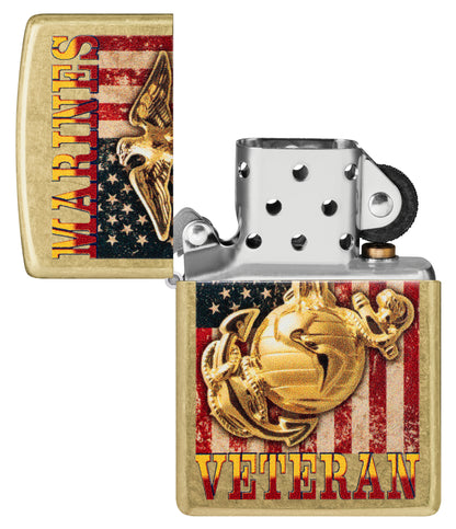 Zippo U.S. Marine Corps Veteran Design Street Brass Windproof Lighter with its lid open and unlit.