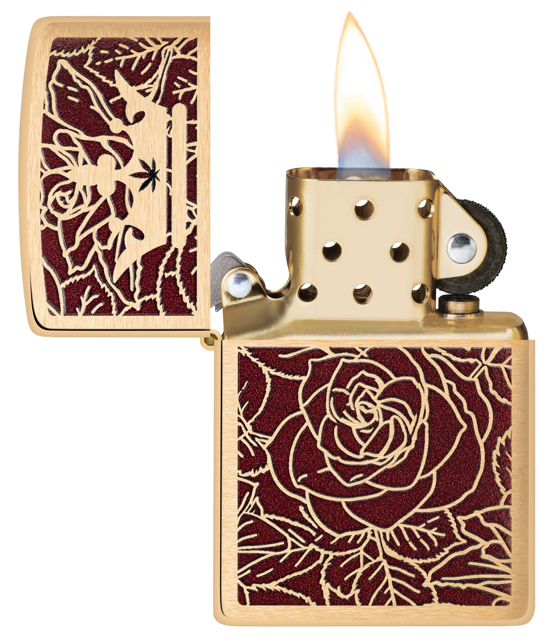 Zippo Queen of Bud Rose and Crown Design Brushed Brass Windproof Lighter with its lid open and lit.