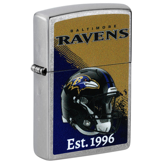 Front shot of Zippo NFL Baltimore Ravens Helmet Design Street Chrome Windproof Lighter standing at a 3/4 angle.