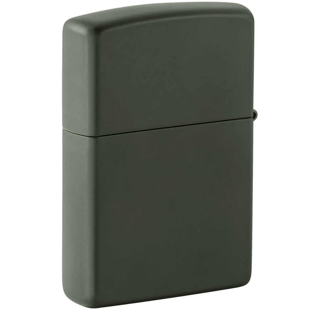 Back view of Zippo Gryphon Design Green Matte Windproof Lighter standing at a 3/4 angle.