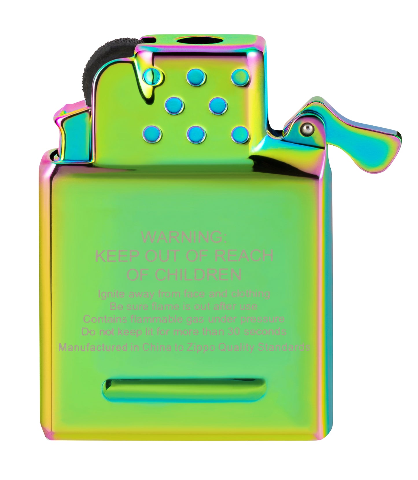 Back view of Zippo Yellow Flame Butane Insert - Green/Spectrum/Iridescent.