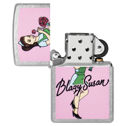 Zippo Blazy Susan Bouquet Design Street Chrome Windproof Lighter with its lid open and unlit.