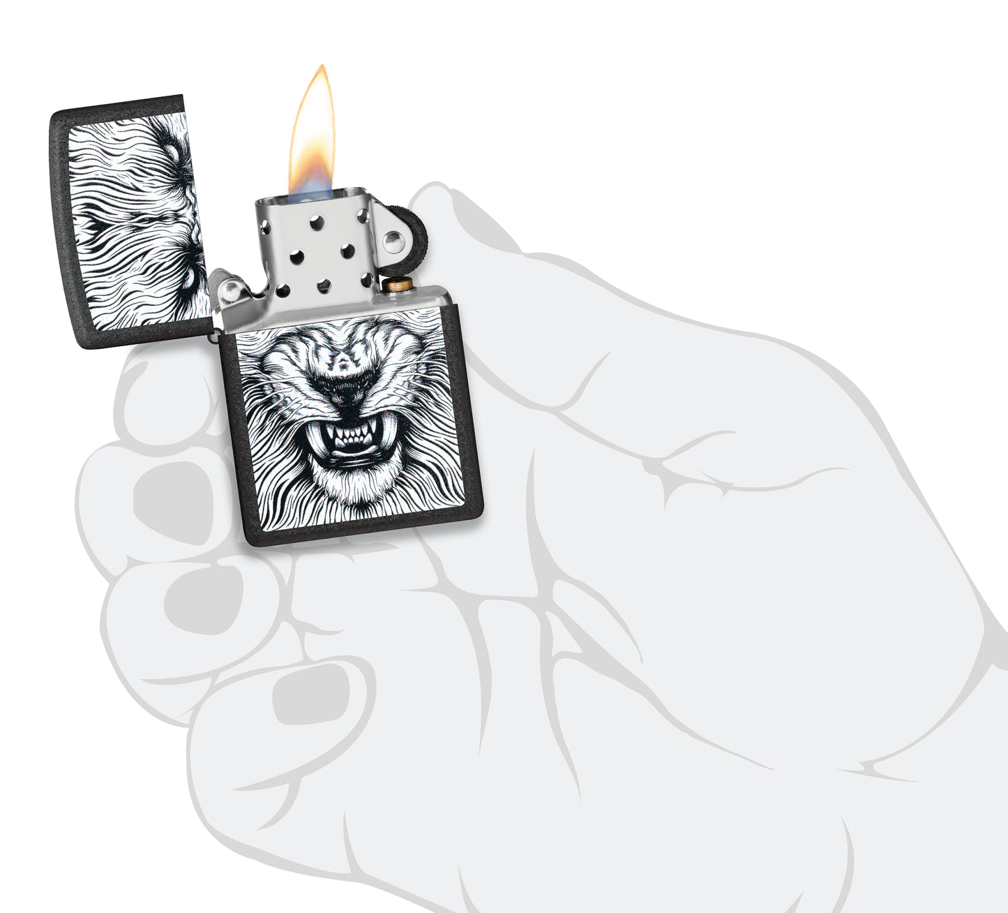 Zippo Say Cheese Design Black Crackle® Windproof Lighter lit in hand.