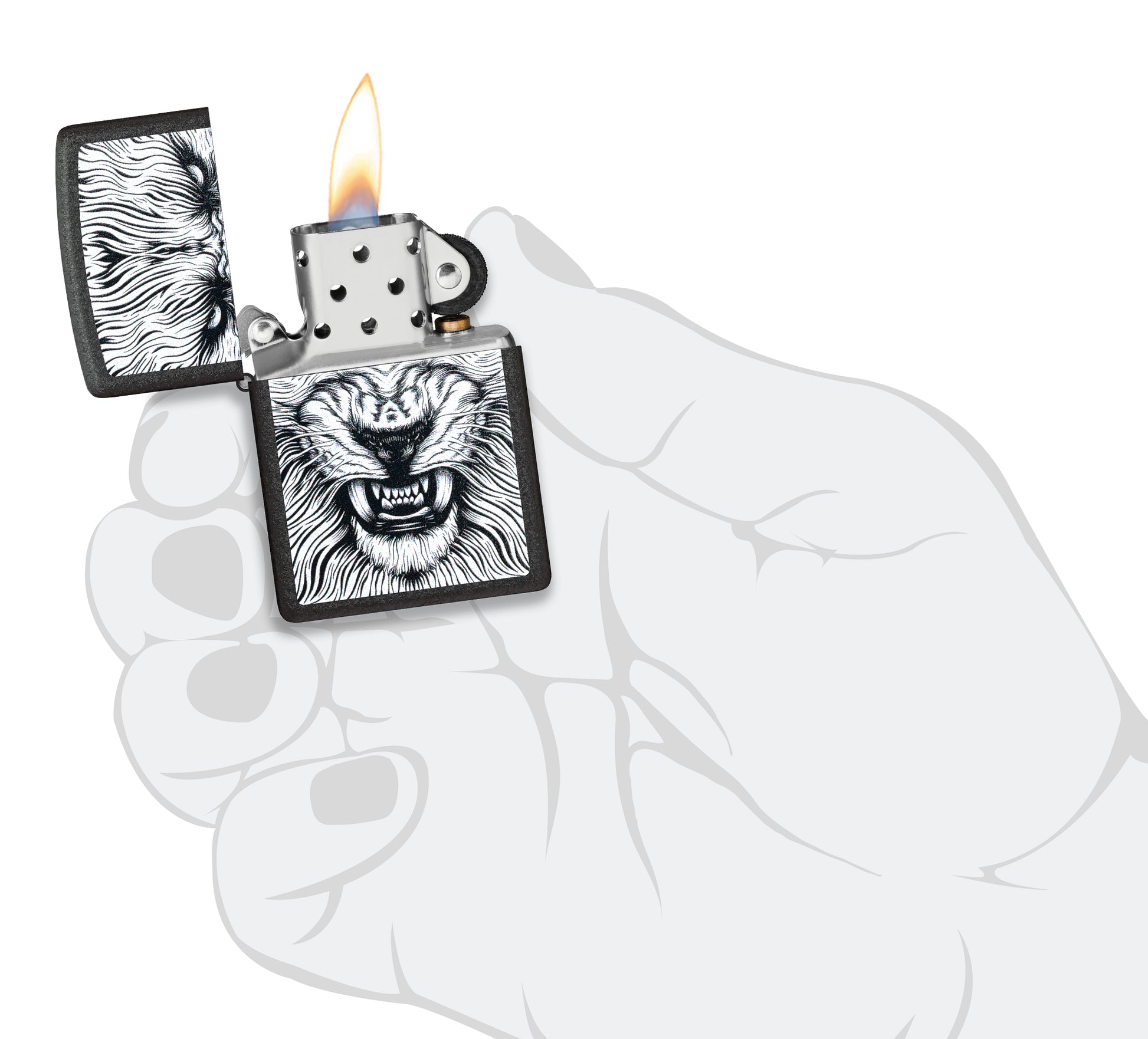 Zippo Say Cheese Design Black Crackle® Windproof Lighter lit in hand.