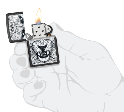 Zippo Say Cheese Design Black Crackle® Windproof Lighter lit in hand.