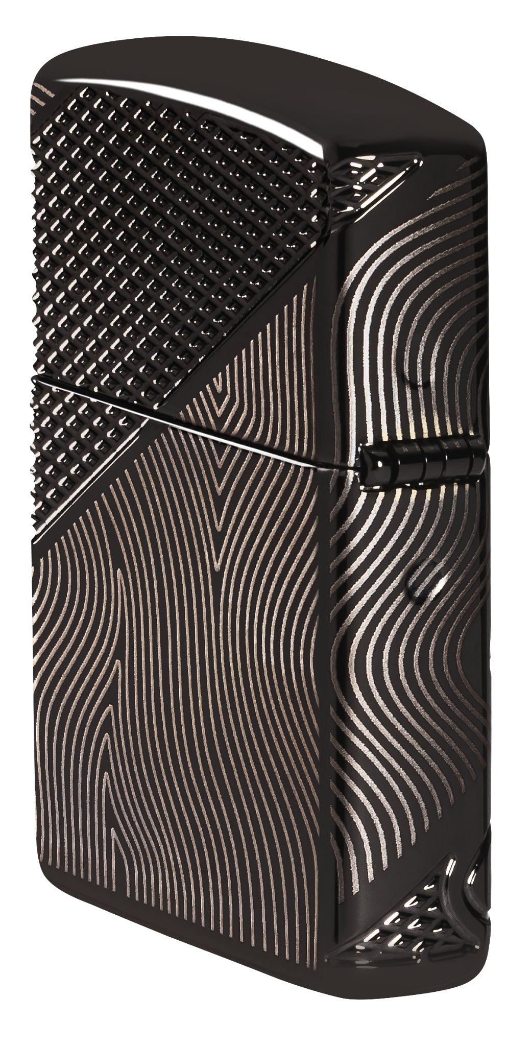 Angled shot of  Zippo Z Crystal Design Armor® High Polish Black Windproof Lighter showing the back and hinge side of the lighter.