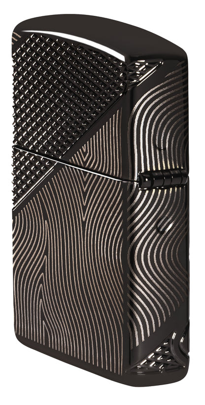 Angled shot of  Zippo Z Crystal Design Armor® High Polish Black Windproof Lighter showing the back and hinge side of the lighter.
