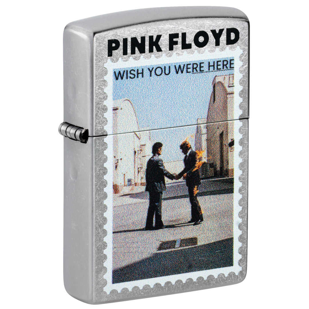 Front shot of Zippo Pink Floyd Wish You Were Here Design Street Chrome Windproof Lighter standing at a 3/4 angle.