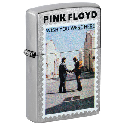 Front shot of Zippo Pink Floyd Wish You Were Here Design Street Chrome Windproof Lighter standing at a 3/4 angle.