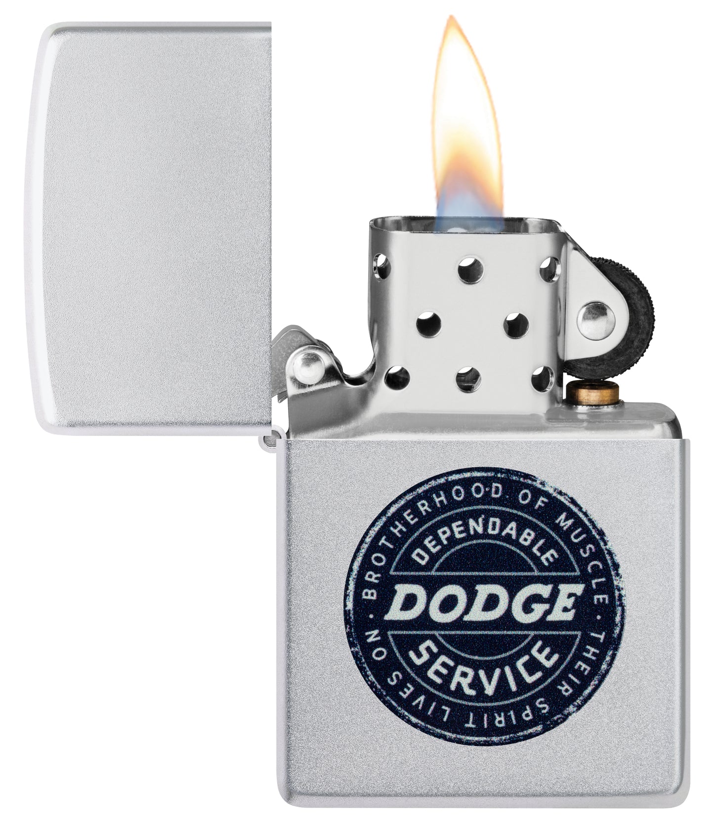 Zippo Dodge Service Sign Satin Chrome Windproof Lighter with its lid open and lit.