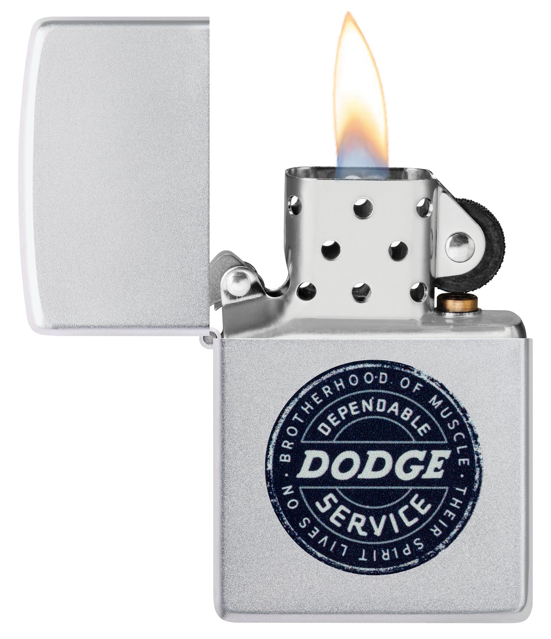 Zippo Dodge Service Sign Satin Chrome Windproof Lighter with its lid open and lit.