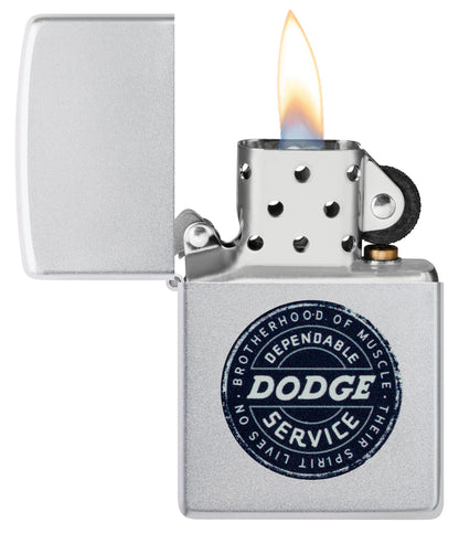 Zippo Dodge Service Sign Satin Chrome Windproof Lighter with its lid open and lit.