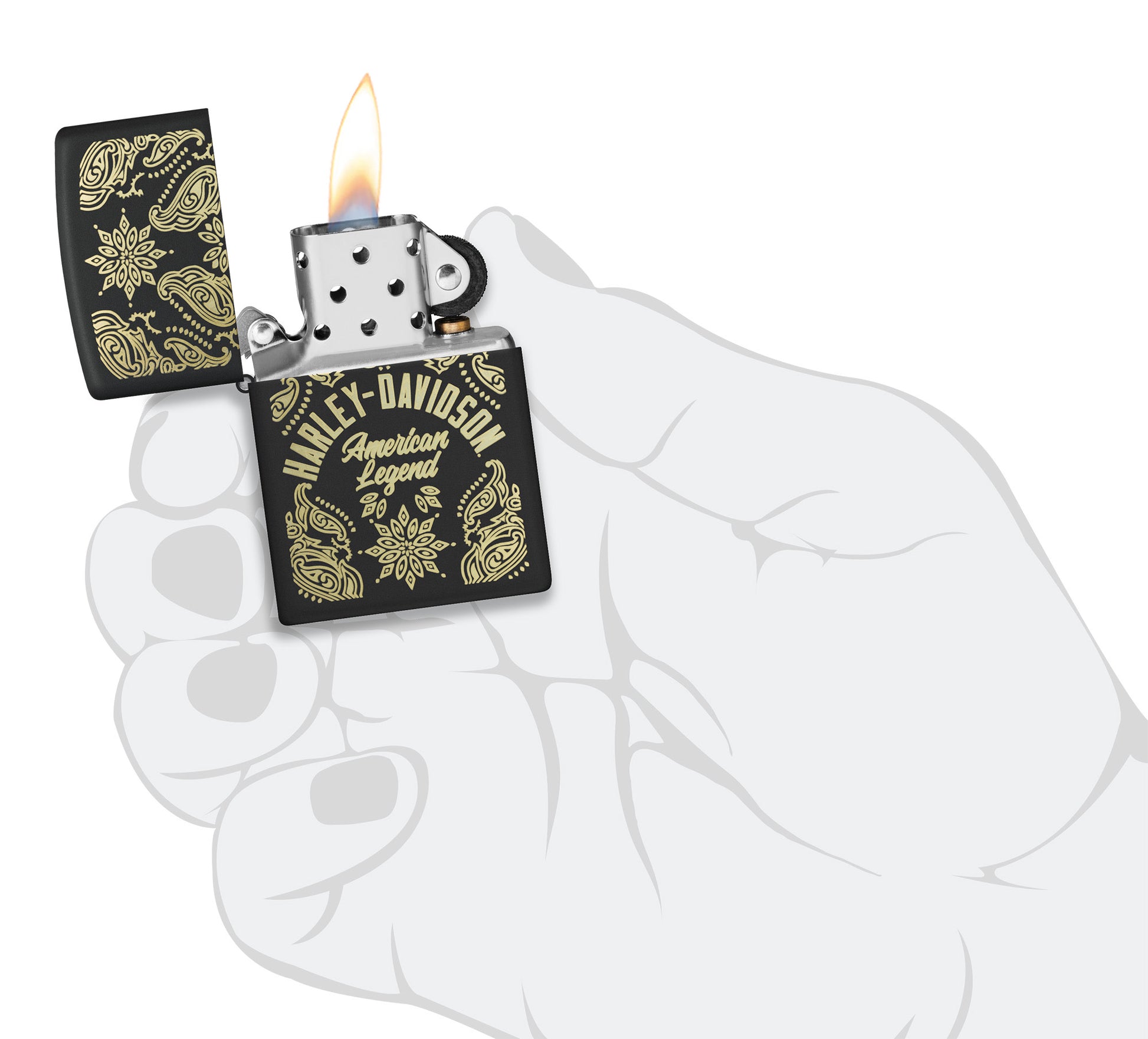 Zippo Harley-Davidson® American Legend Black Matte Windproof Lighter lit in hand.