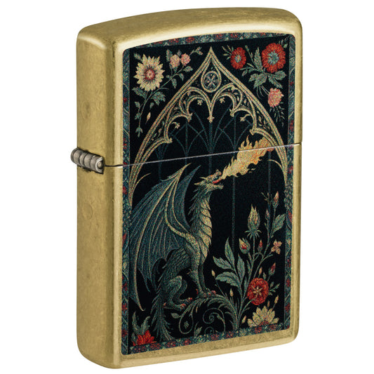 Front shot of Zippo Dragon Tapestry Design Street Brass Windproof Lighter standing at a 3/4 angle.
