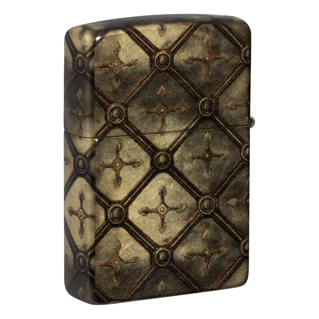 Back view of Zippo Gilded Cross Design 540 Tumbled Brass Windproof Lighter standing at a 3/4 angle.