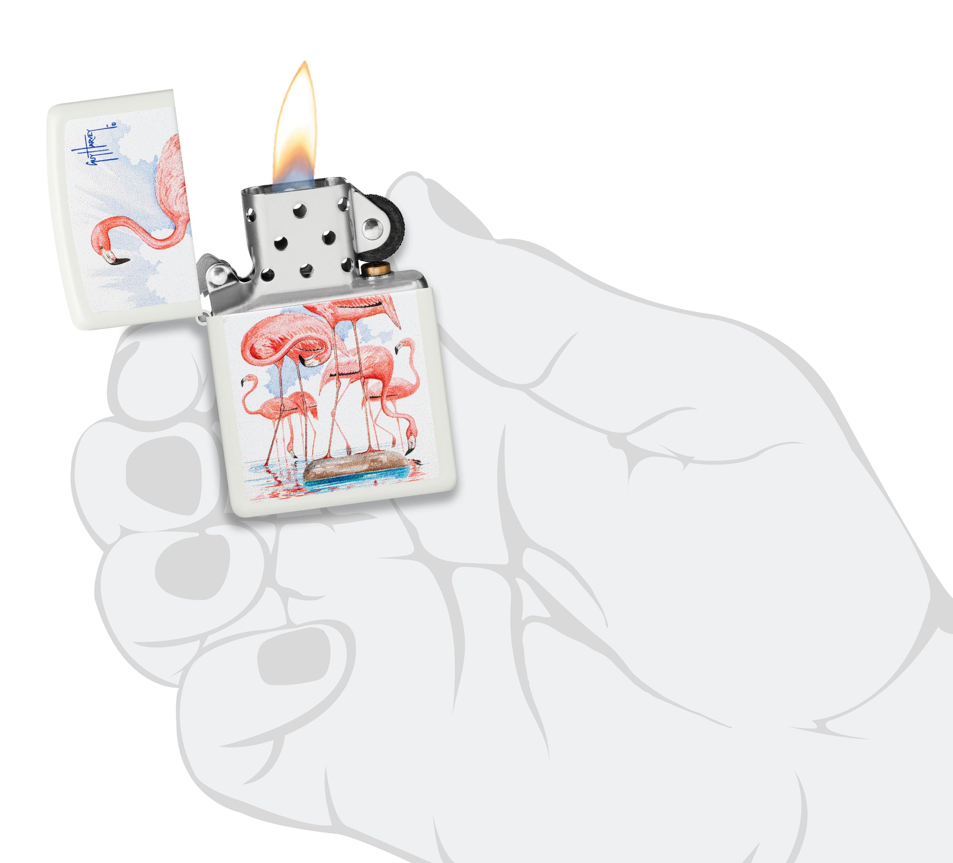 Zippo Guy Harvey Flamingos Design White Matte Windproof Lighter lit in hand.