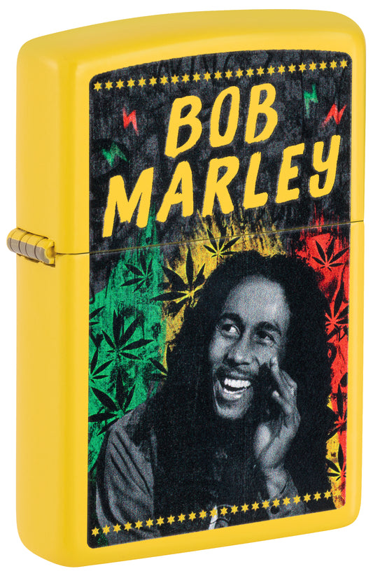 Front shot of Zippo Bob Marley Sunshine Design Classic Sunflower Windproof Lighter standing at a 3/4 angle.