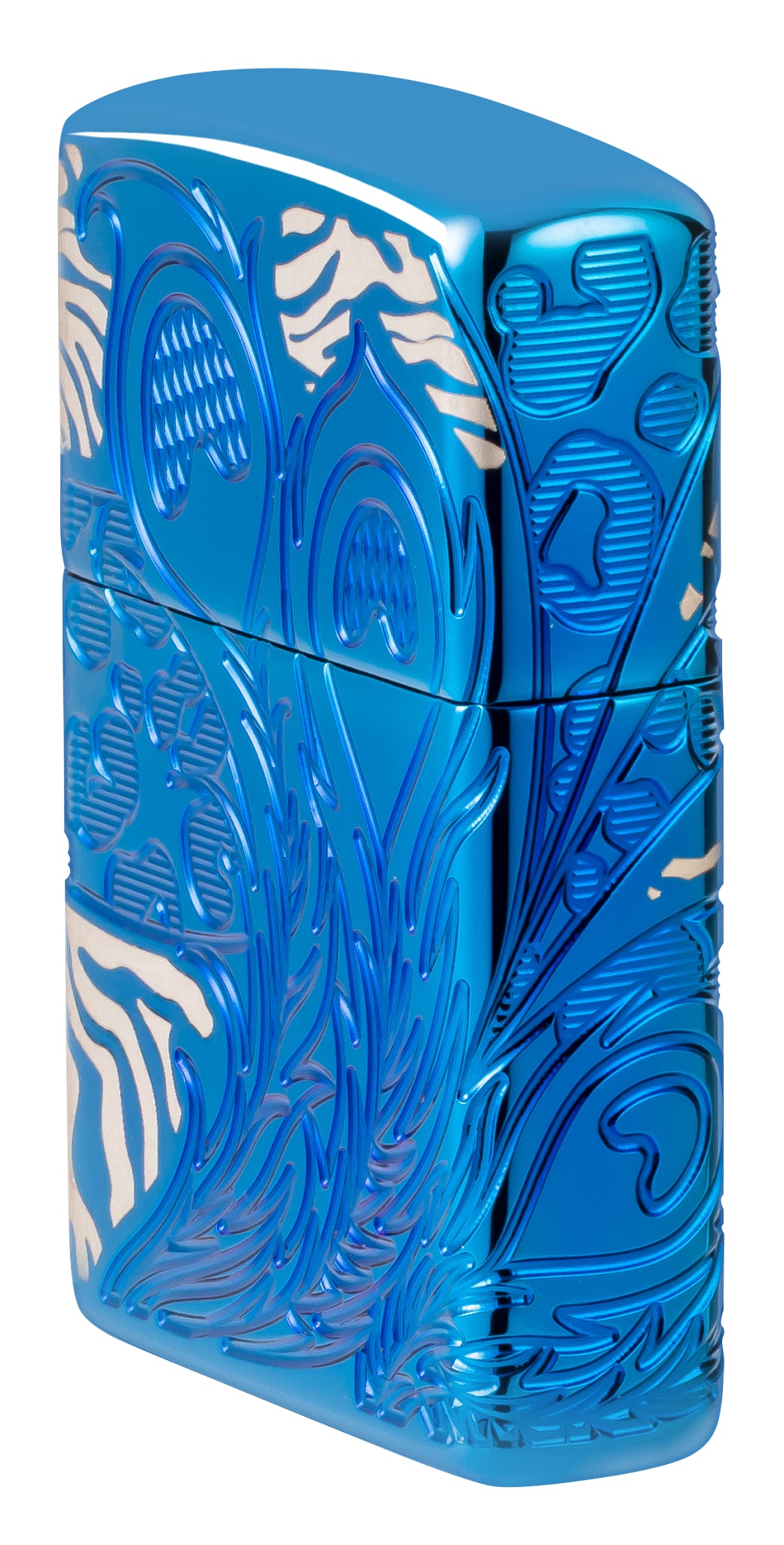 Angled shot of  Zippo Animal Flair Design Armor® High Polish Blue Windproof Lighter showing the front and non-hinge side of the lighter.