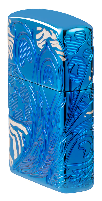 Angled shot of  Zippo Animal Flair Design Armor® High Polish Blue Windproof Lighter showing the front and non-hinge side of the lighter.