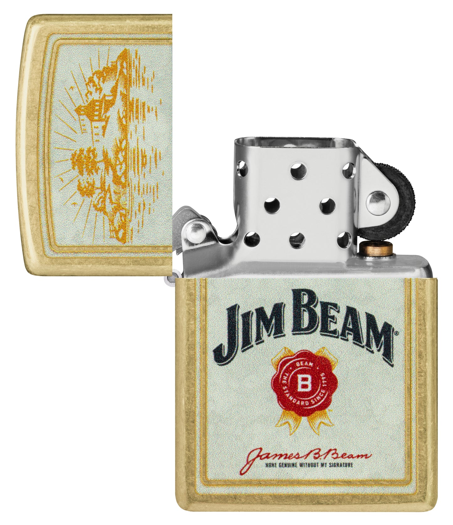 Zippo Jim Beam® Provenance Design Street Brass Windproof Lighter with its lid open and unlit.