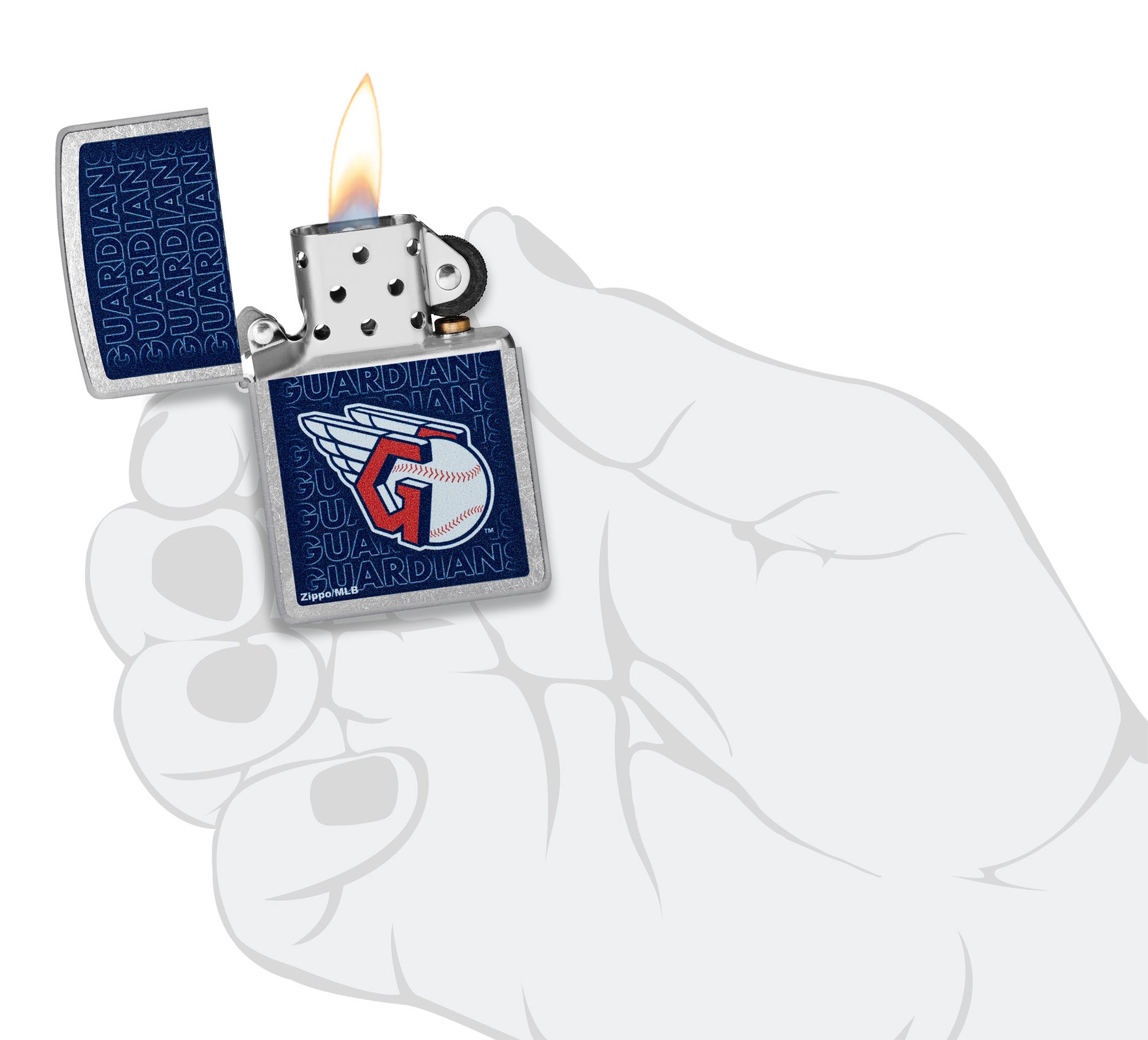 Zippo MLB® Cleveland Guardians Street Chrome Windproof Lighter lit in hand.