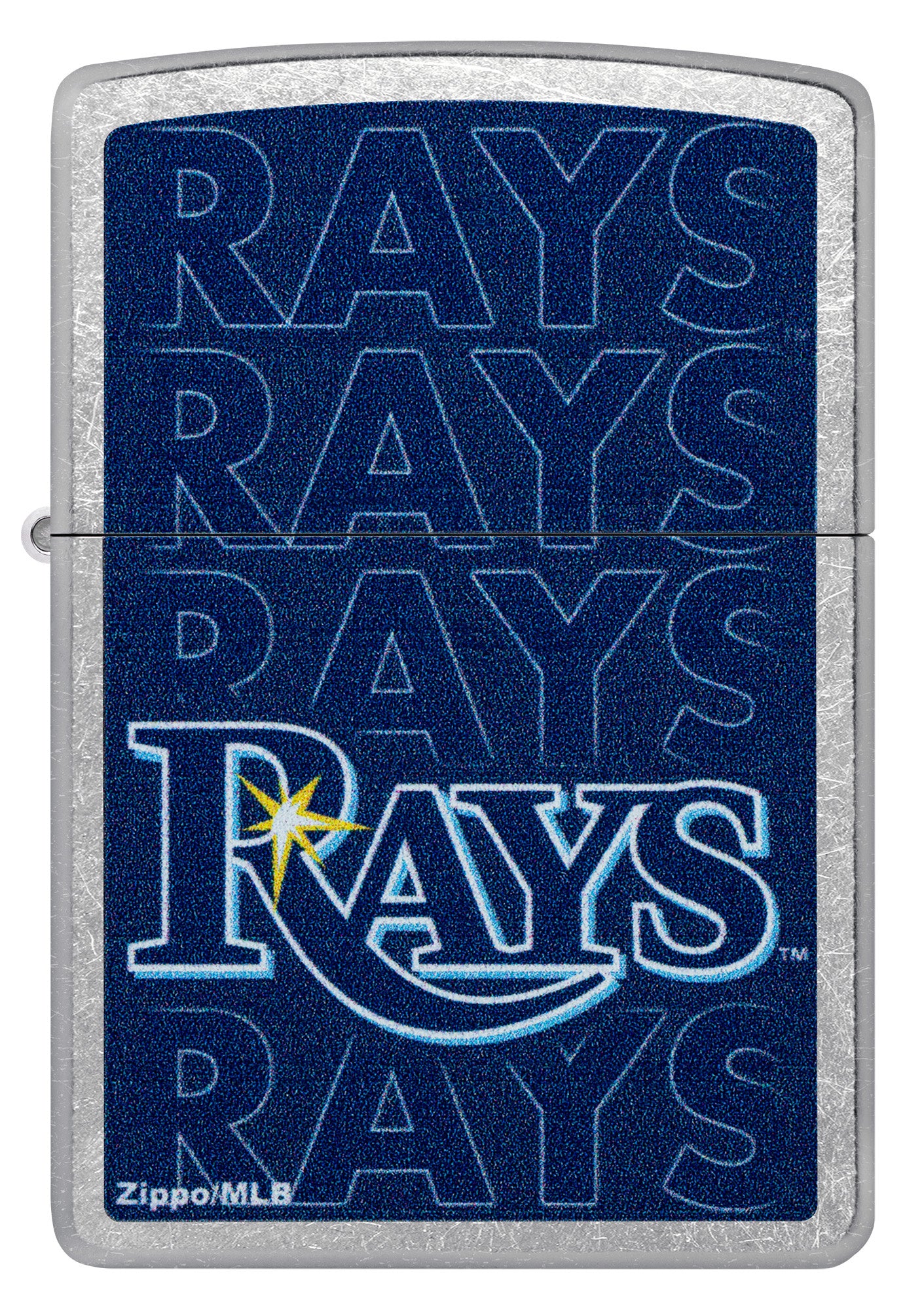 Front view of Zippo MLB® Tampa Bay Rays Street Chrome Windproof Lighter.