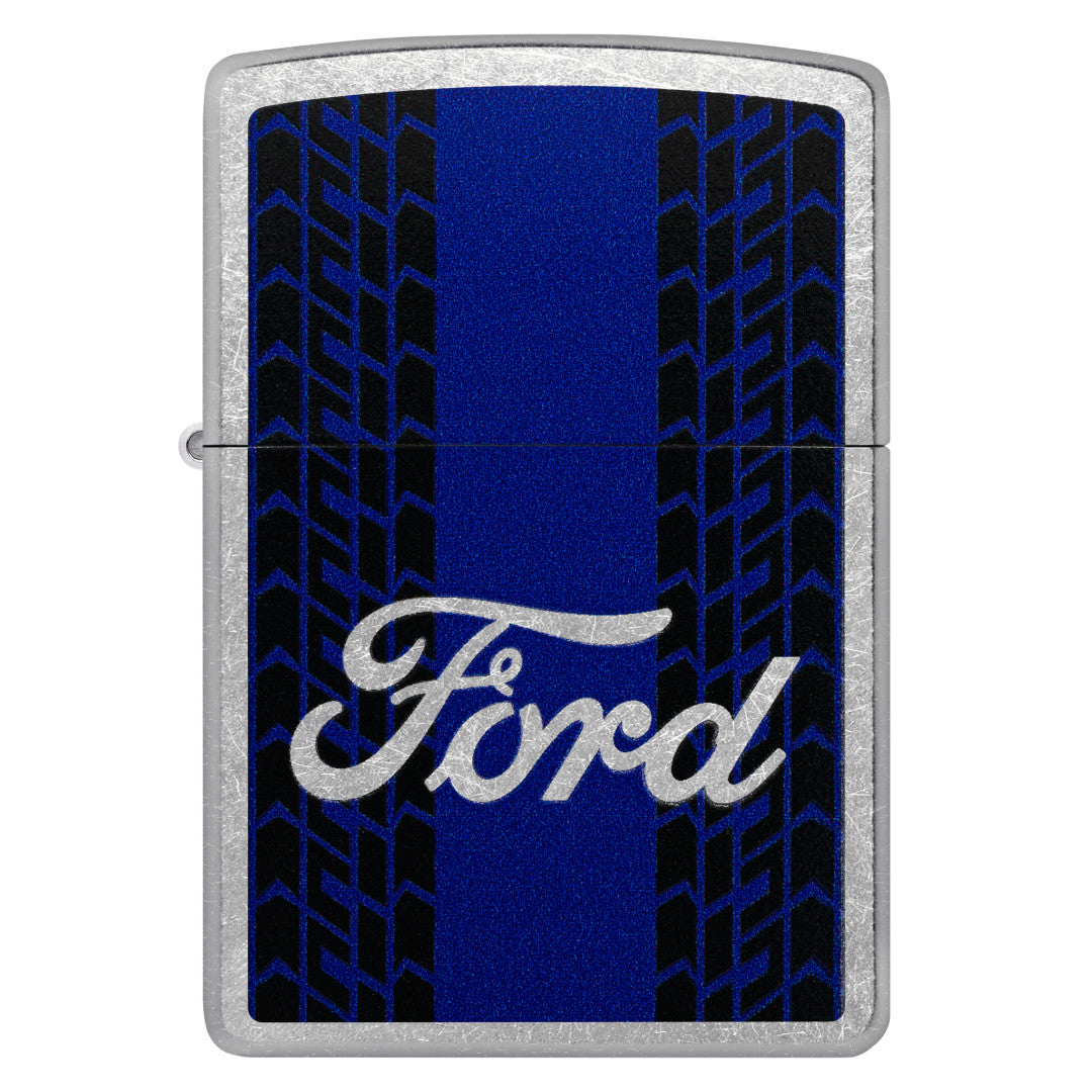 Front view of Zippo Ford Racing Stripes Design Street Chrome Windproof Lighter.