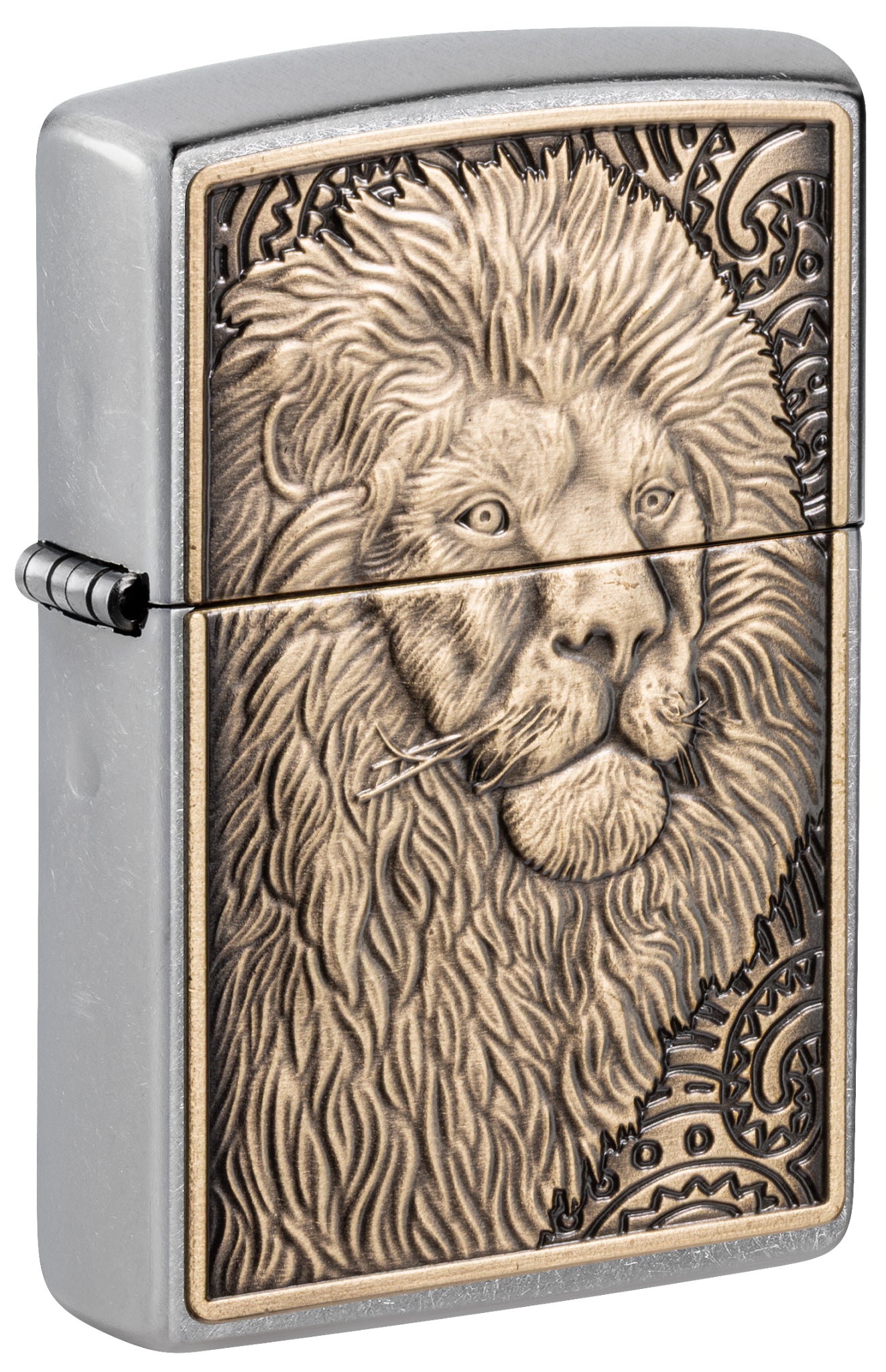 Front shot of Zippo Lion Emblem Street Chrome Windproof Lighter standing at a 3/4 angle.