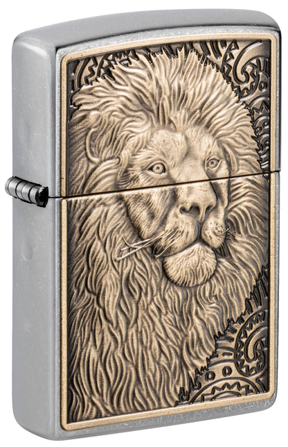Front shot of Zippo Lion Emblem Street Chrome Windproof Lighter standing at a 3/4 angle.