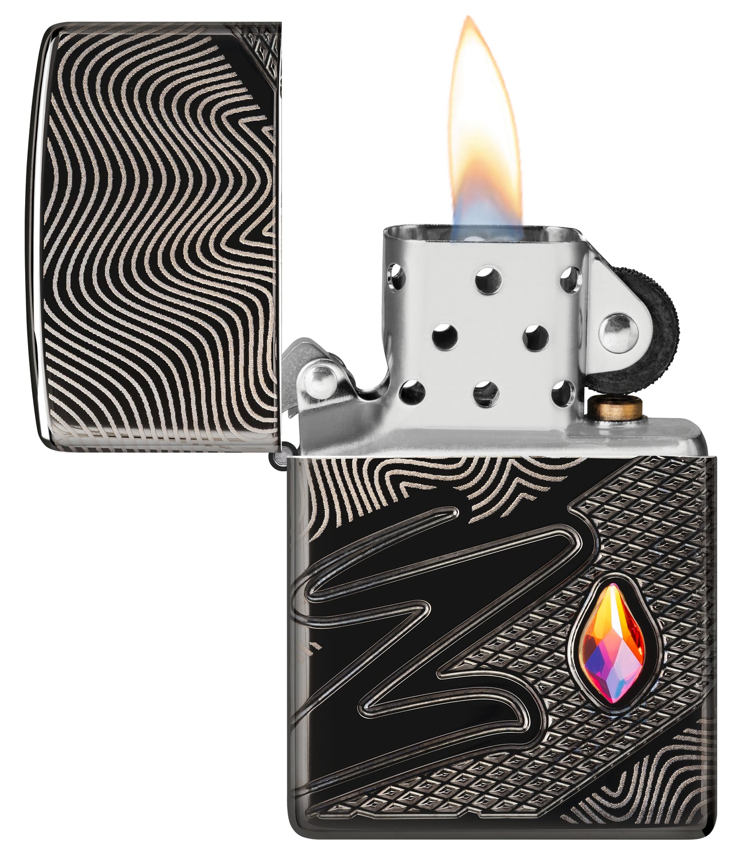 Zippo Z Crystal Design Armor® High Polish Black Windproof Lighter with its lid open and lit.