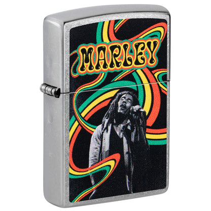 Front shot of Zippo Bob Marley Waves Design Street Chrome Windproof Lighter standing at a 3/4 angle.