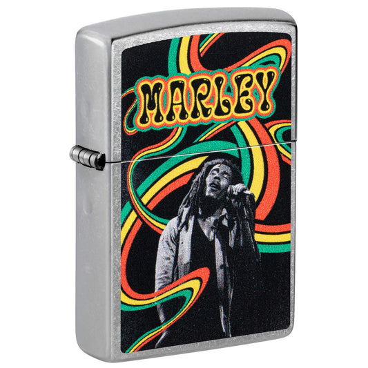 Front shot of Zippo Bob Marley Waves Design Street Chrome Windproof Lighter standing at a 3/4 angle.