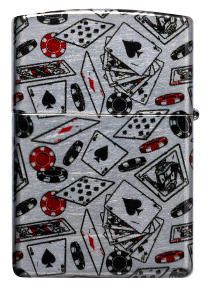 Back view of Zippo Let the Chips Fall Design 540 Tumbled Chrome Windproof Lighter.