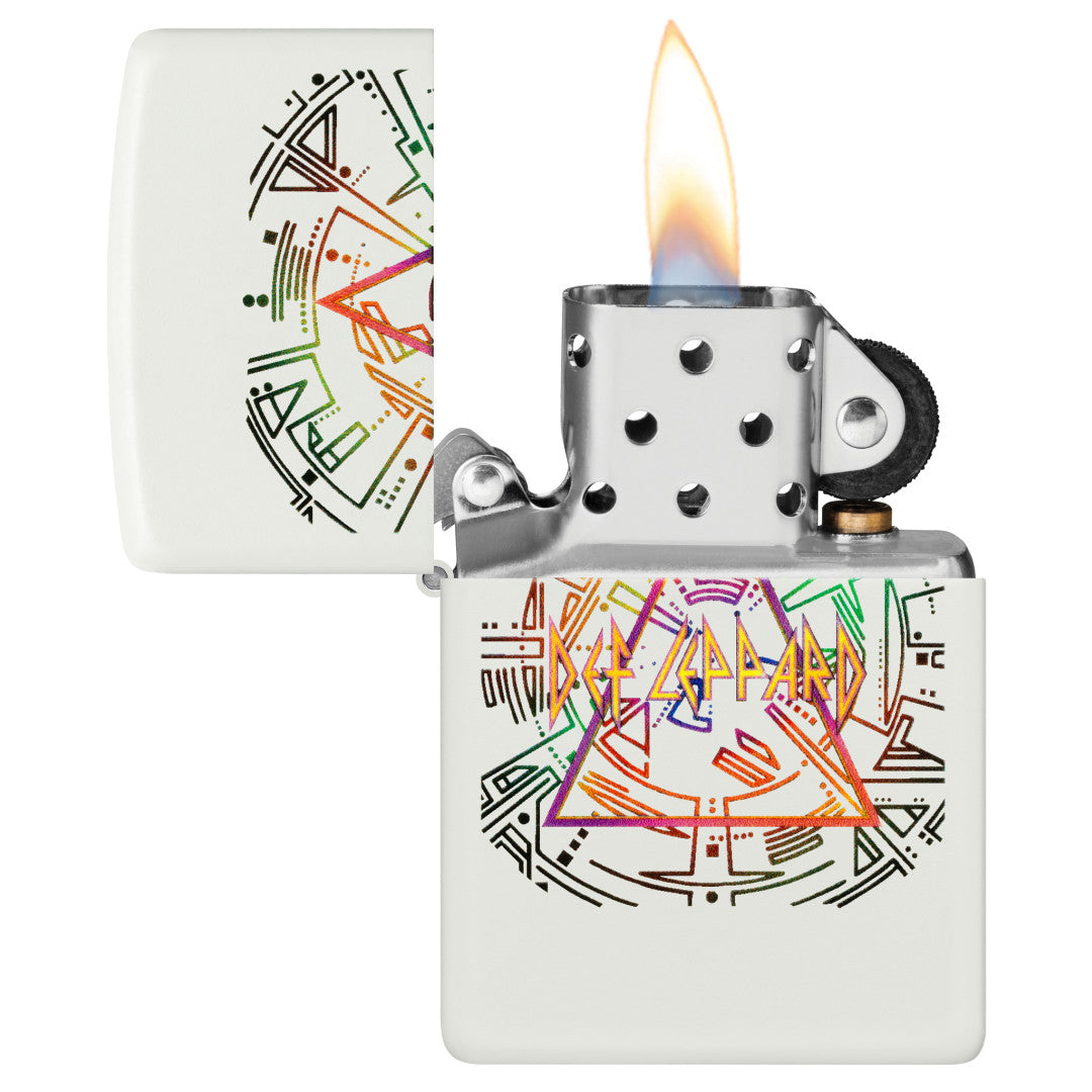 Zippo Def Leppard Glowing Hysteria Design Glow in the Dark Green Windproof Lighter with its lid open and lit.