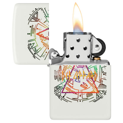 Zippo Def Leppard Glowing Hysteria Design Glow in the Dark Green Windproof Lighter with its lid open and lit.