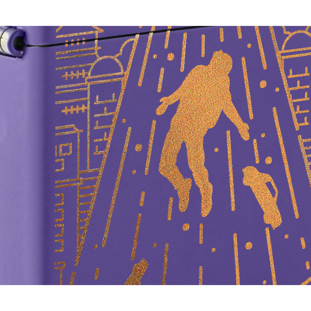 Front view of Zippo Beam Me Up Design Purple Matte Windproof Lighter close up to show the detail of the lighter.